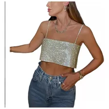 Top Blusa Curta Cropped Com Alça Brilhoso Forrado Luxo Festa