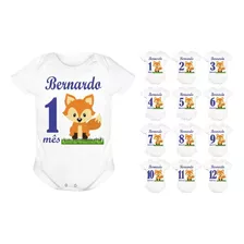 Kit Mesversario 12 Bodys Rapozinha Raposa Baby Com Nome Bebe