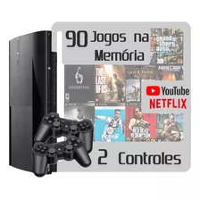 Vídeo Game Ps3 Super Slim 500gb + 2 Controles + 90 Jogos Na Memória + Garantia + Com Gta5 Fifa The Last Of Us