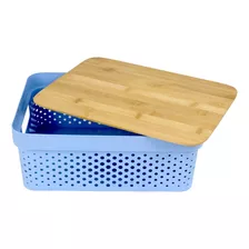 Cesto Organizador Plástico Tapa Madera Bambú Cocina Multiuso