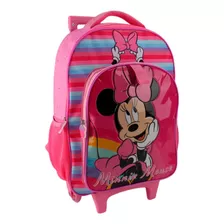 Mochila De Ruedas Minnie Mouse Con Lonchera Y Botella -intek Color Rosa Diseño De La Tela Liso