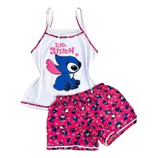Pijama Baby Doll Branco Com Rosa Estampado Lilo & Stitch