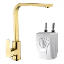 Kit Aquecedor 220v + Torneira Dourado Quente Fria Monocomand