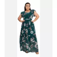 Vestido Tule Longo Floral Verde