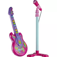 Guitarra Infantil C/ Microfone E Pedestal Rosa Inmetro
