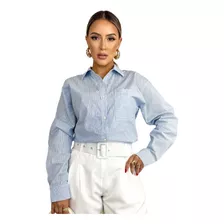 Camisa Feminina Oversize Maxi Listrada Com Listras Azul