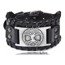 Pulsera Brazalete Cuero Estilo Vikingo Negro Arbol De La Vid