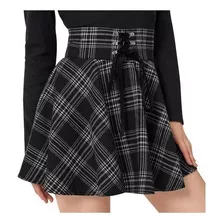 Women Retro Punk Plaid Print Strap Zipper Short Skirt