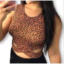 Blusa Cropped Recorte Lateral Onça Cavado Cropped Top