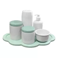 Kit Higiene Bandeja Nuvem Verde Porcelana Branca Completo