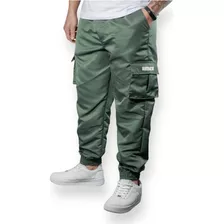 Calça Jogger Cargo Corta Vento Combat Masculina Verde Skate