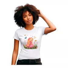 Camiseta Feminina Branca Bc1 Rapunzel No Jardim Borboleta