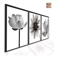 Quadros Decorativos 3 Pçs 120x60 Floral Preto Branco Flores