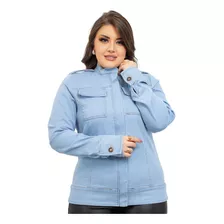 Jaqueta Jeans Feminina Estilosa Com Zíper Frontal E Bolso