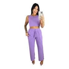 Conjunto Feminino Calça Flare Cropped Canelado Blogueira Top