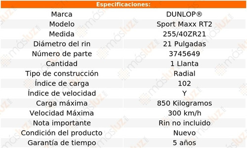 1 Llanta Sport Maxx Rt2 Dunlop Medida 255/40zr21 102y Foto 2