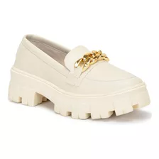 Mocassim Feminino Tratorado Oxford Off White Bico Redondo