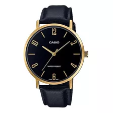 Reloj De Pulsera Casio Dress Mtp-vt01 De Cuerpo Color Dorado, Analógico, Para Hombre, Fondo Negro, Con Correa De Cuero Color Negro, Agujas Color Dorado, Dial Dorado, Bisel Color Dorado Y Hebilla Simpl