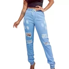 Calça Jogger Jeans Feminina Destroyed Cintura Alta Blogueira