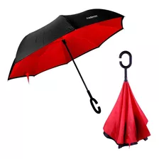 Redlemon Paraguas Invertido Con Doble Refuerzo, Sombrilla Resistente A Vientos Y Lluvias Fuertes, Mango Ergonómico En Forma C, Paraguas Grande Reversible Libre De Escurrimientos, Color Rojo