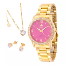 Relógio Feminino Dourado Quebec Fundo Rosa + Kit Joias Top