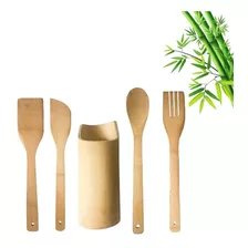 Kit Culinário Colher Bambu Pau Suporte Utensílios Cozinha