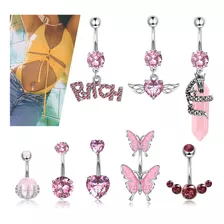 8 Pzs Piercing Ombligo Mujer Acero Inoxidable De Moda Rosa