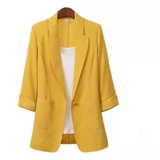 Blazer Elegante De Cor Sólida Com Decote Em V E Manga 3/4