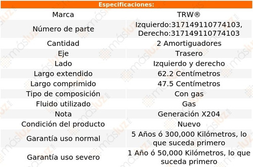 2- Amortiguadores Gas Traseros Glk300 2010/2015 Trw Foto 2