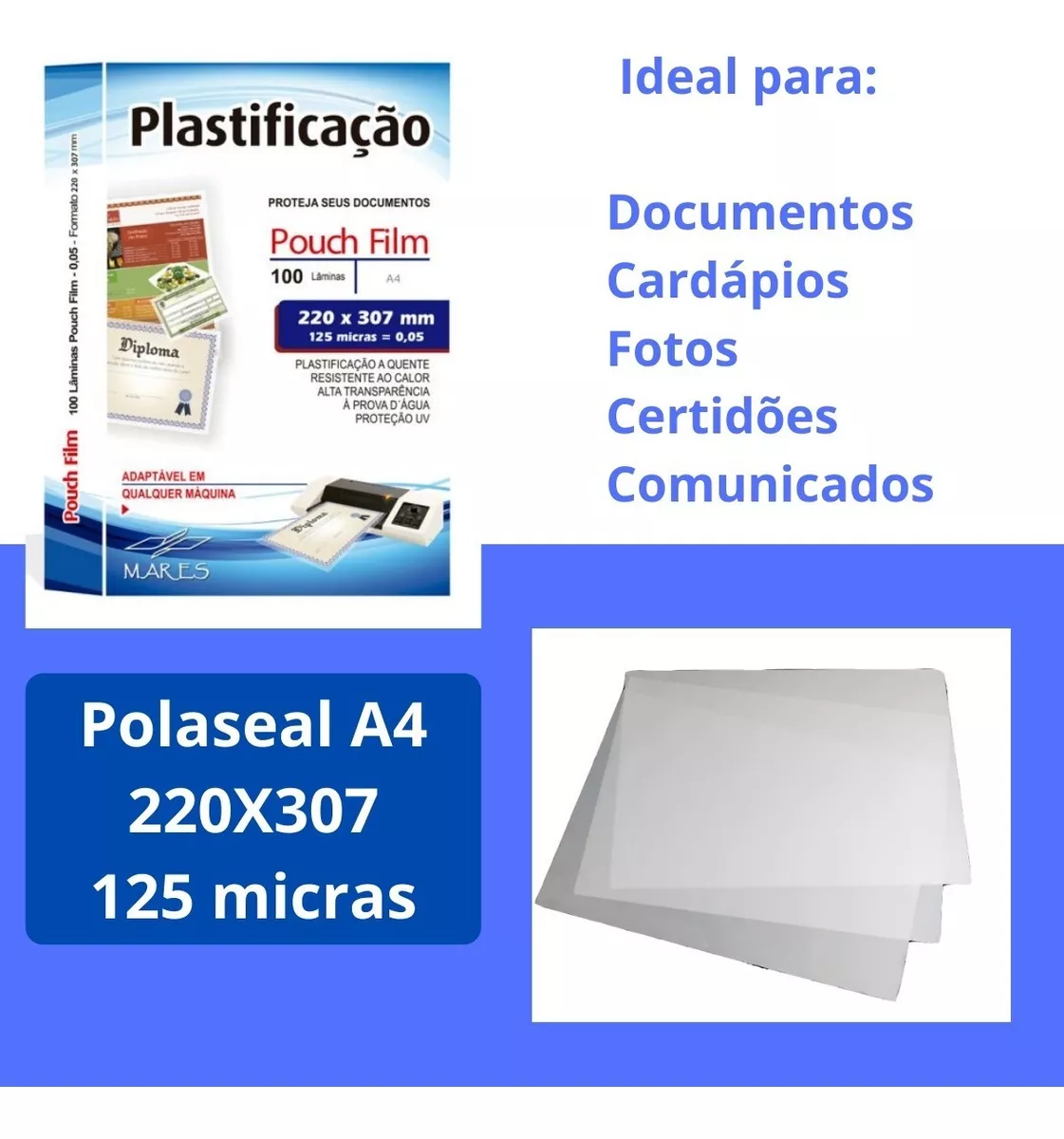 Plastico Para Plastificacao Poláseal A4 Folha 220x307 100 Un