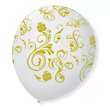 Bexiga Balões São Roque Arabesco Branco E Dourado - 25 Unid