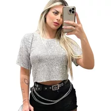 Cropped Blusa T-shirt Feminina Brilhante Manga Curta - Eva