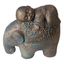 Elefante Con Bebé Buda En Óxido Añejado (yeso)