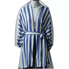 Kimono Com Faixa Viscolinho Listra Azul