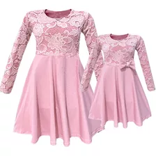 Vestido Tal Mãe Tal Filha Rodado Renda No Peito Manga Longa