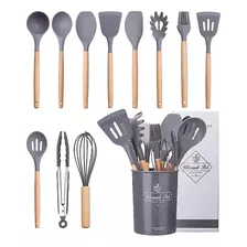 Kit 12 Utensílios De Cozinha Em Silicone E Cabo De Madeira Cor Cinza