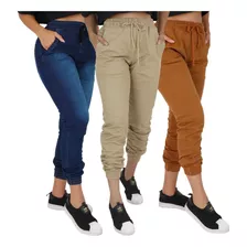 Kit 3 Calça Jeans Feminina Jogger Cos Elastico Camuflada 