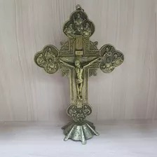 Crucifixo De Mesa Metal Ouro Velho 32 Cm
