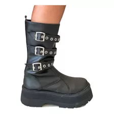 Botas Caña Media Plataforma Hebillas Tachas Moda Mujer 7000