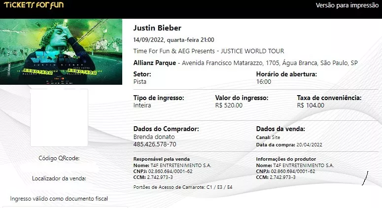 Ingresso Justin Bieber Justice Tuor E-ticket