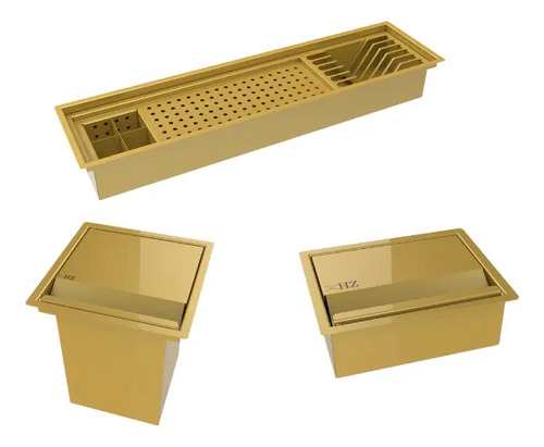 Kit Calha 75cm + Porta Esponja 15cm + Lixeira 3,9l Dourado Dourado