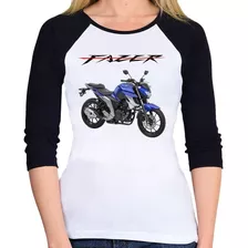 Baby Look Raglan Moto Yamaha Fazer Ys 250 Azul 2019 3/4