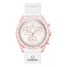 Reloj De Pulsera Omega X Swatch Bioceramic Moonswatch Mission To Venus De Cuerpo Color Rosa, Analógico, Fondo Rosa, Con Correa De Velcro Color Blanco, Agujas Color Rosa Y Blanco, Dial Blanco Y Plata, 