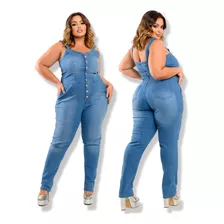 Macacão Longo Jeans Feminino Com Lycra Alça Larga Plus Size