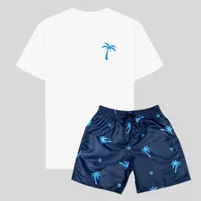 Kit Camiseta Algodão Premium E Short Tactel Moda Praia Top