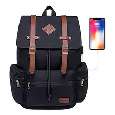 Mochila Vintage De Lona Para Laptop De 15.6 Y Usb-negro