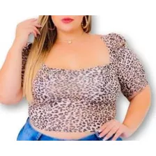 Blusa Cropped Feminino Reto Plus Size Animal Print Com Bojo