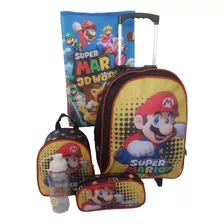 Kit Mochila Mario Bros Estojo Lancheira Rodinha Infantil