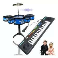 Kit Musical Infantil Mini Bateria + Teclado Piano 32 Teclas