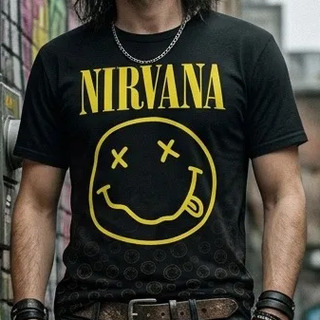 Camiseta Sublimada Banda Rock Grunge Nirvana Preto Emoji Gg Estampa Localizada